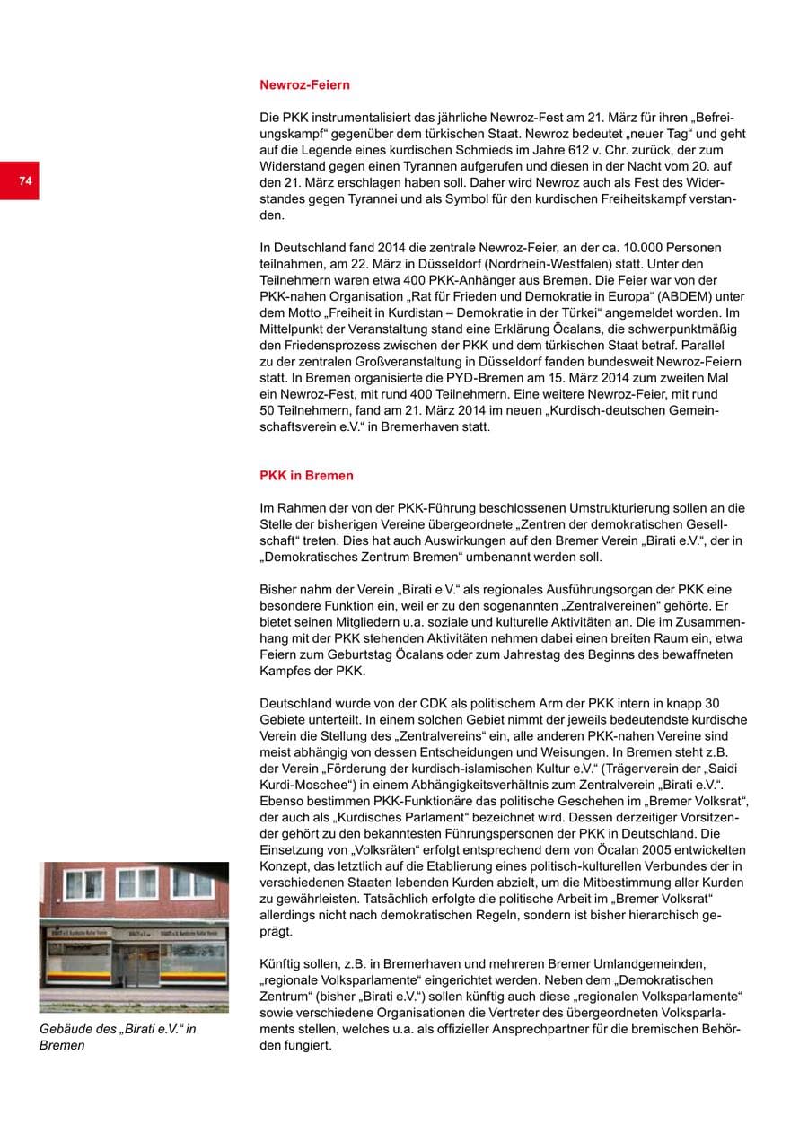 Seite 74 des Verfassungsschutzbericht 2014 Bremen
