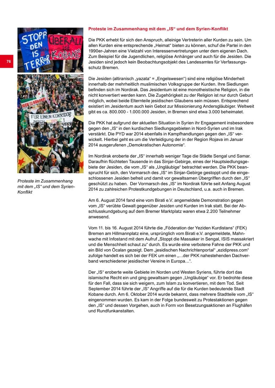 Seite 76 des Verfassungsschutzbericht 2014 Bremen