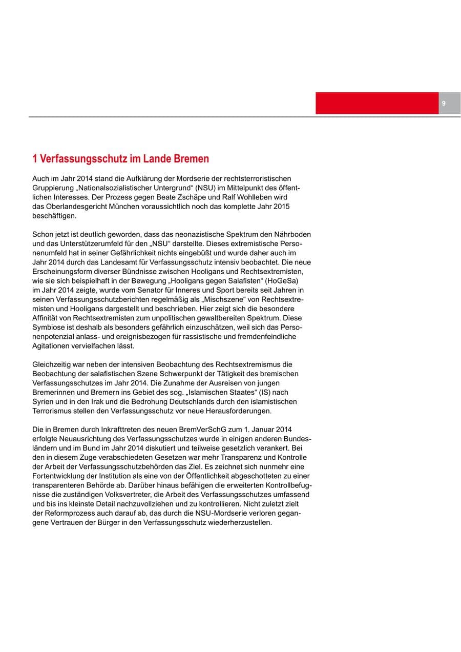 Seite 9 des Verfassungsschutzbericht 2014 Bremen