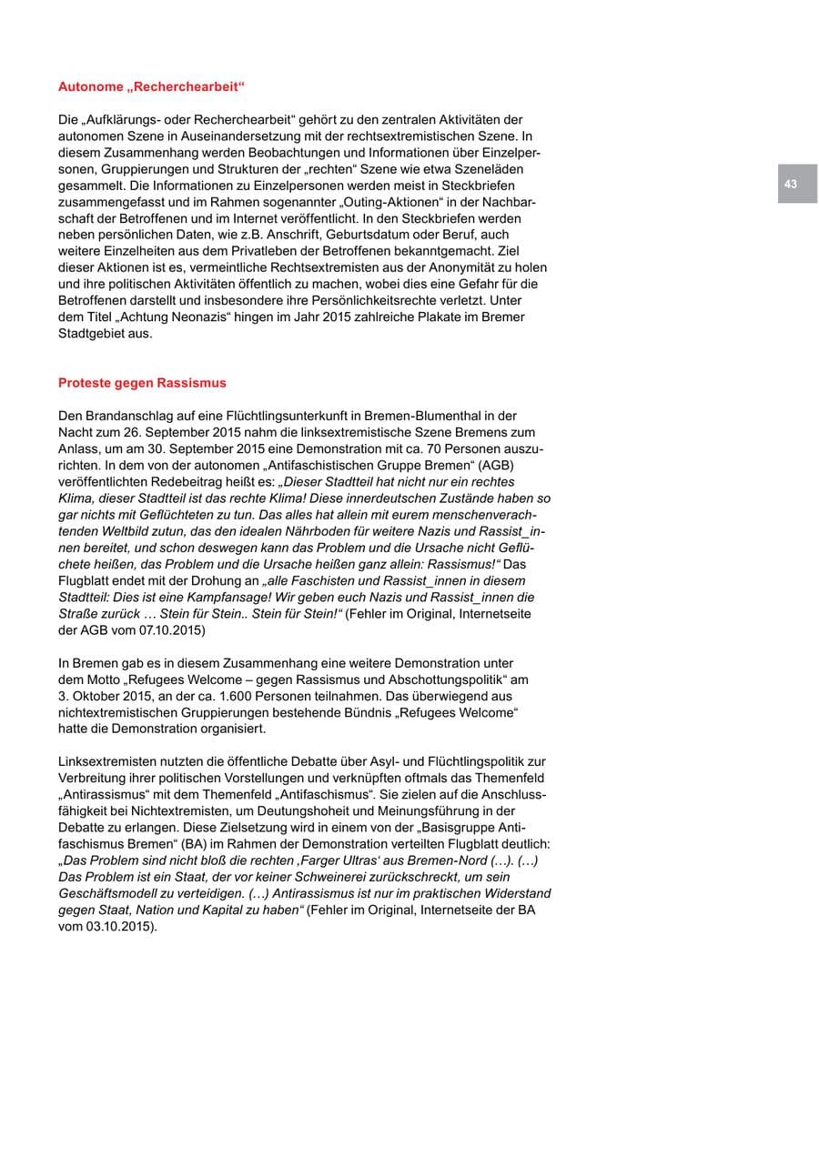 Seite 43 des Verfassungsschutzbericht 2015 Bremen