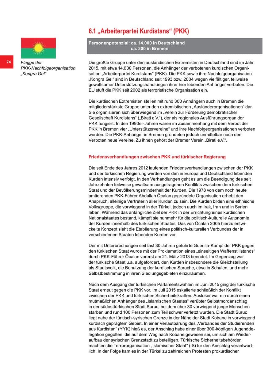 Seite 74 des Verfassungsschutzbericht 2015 Bremen