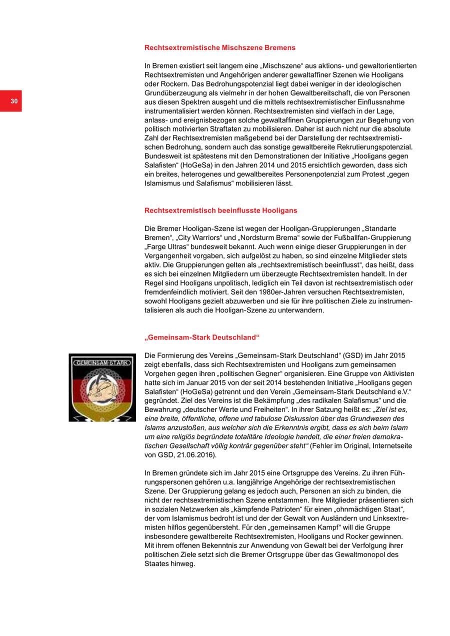 Seite 30 des Verfassungsschutzbericht 2016 Bremen