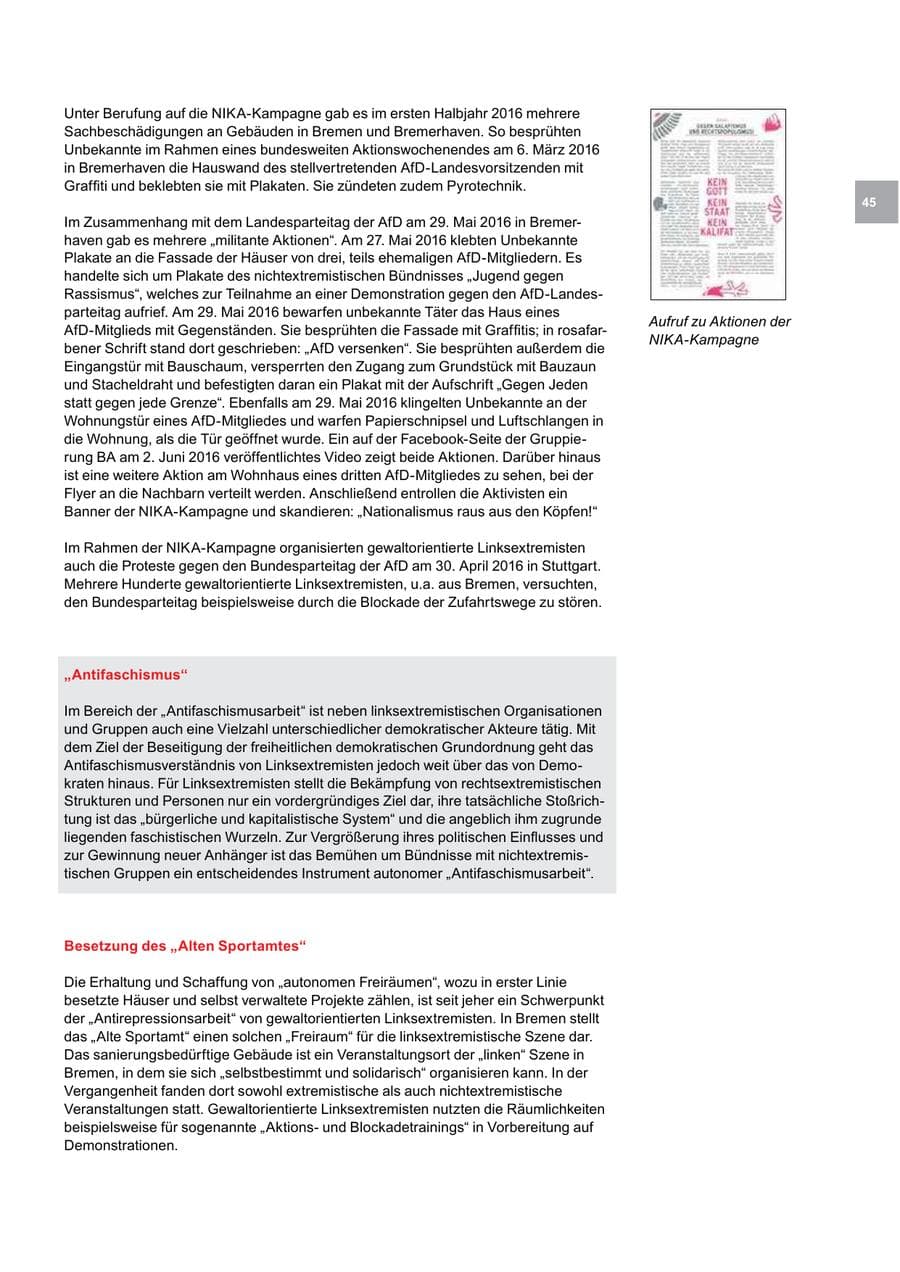 Seite 45 des Verfassungsschutzbericht 2016 Bremen