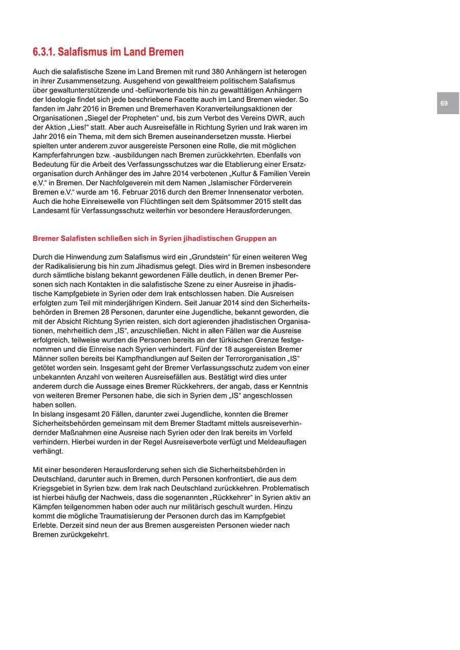 Seite 69 des Verfassungsschutzbericht 2016 Bremen