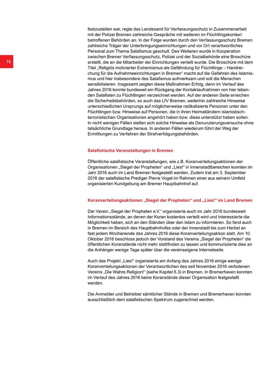 Seite 72 des Verfassungsschutzbericht 2016 Bremen