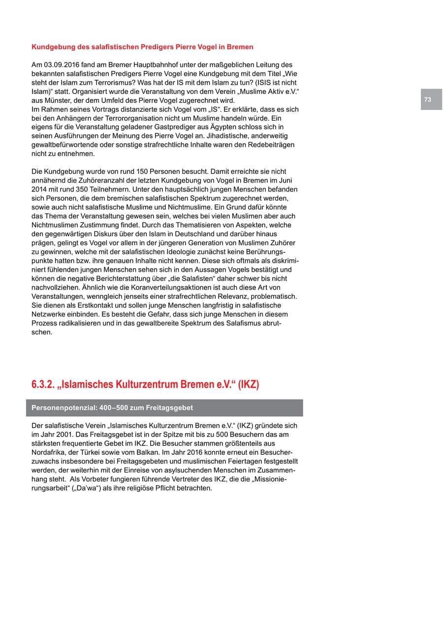 Seite 73 des Verfassungsschutzbericht 2016 Bremen