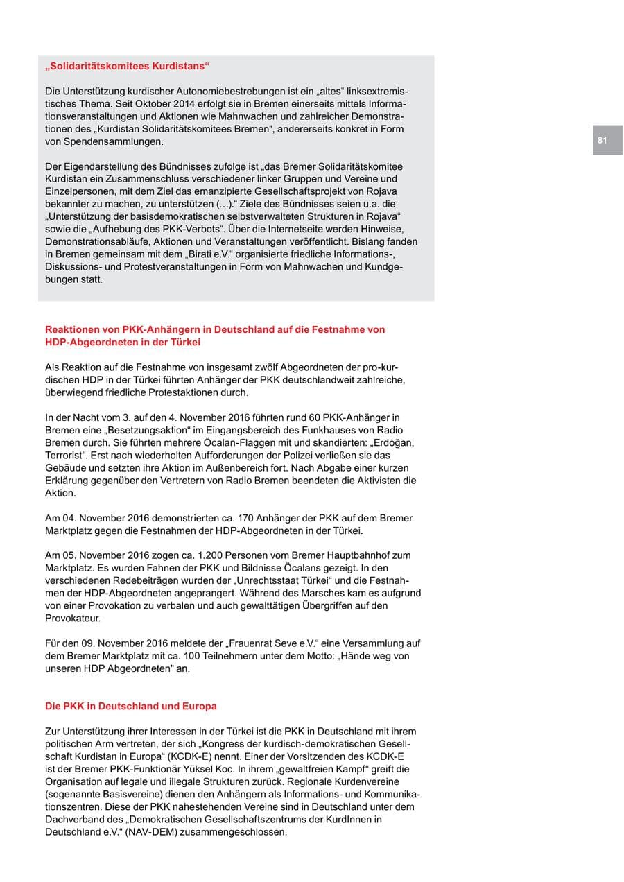 Seite 81 des Verfassungsschutzbericht 2016 Bremen