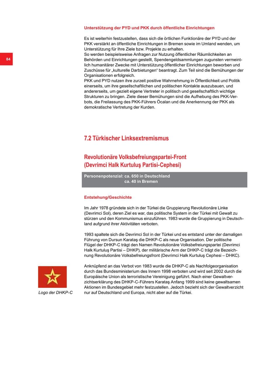 Seite 84 des Verfassungsschutzbericht 2016 Bremen