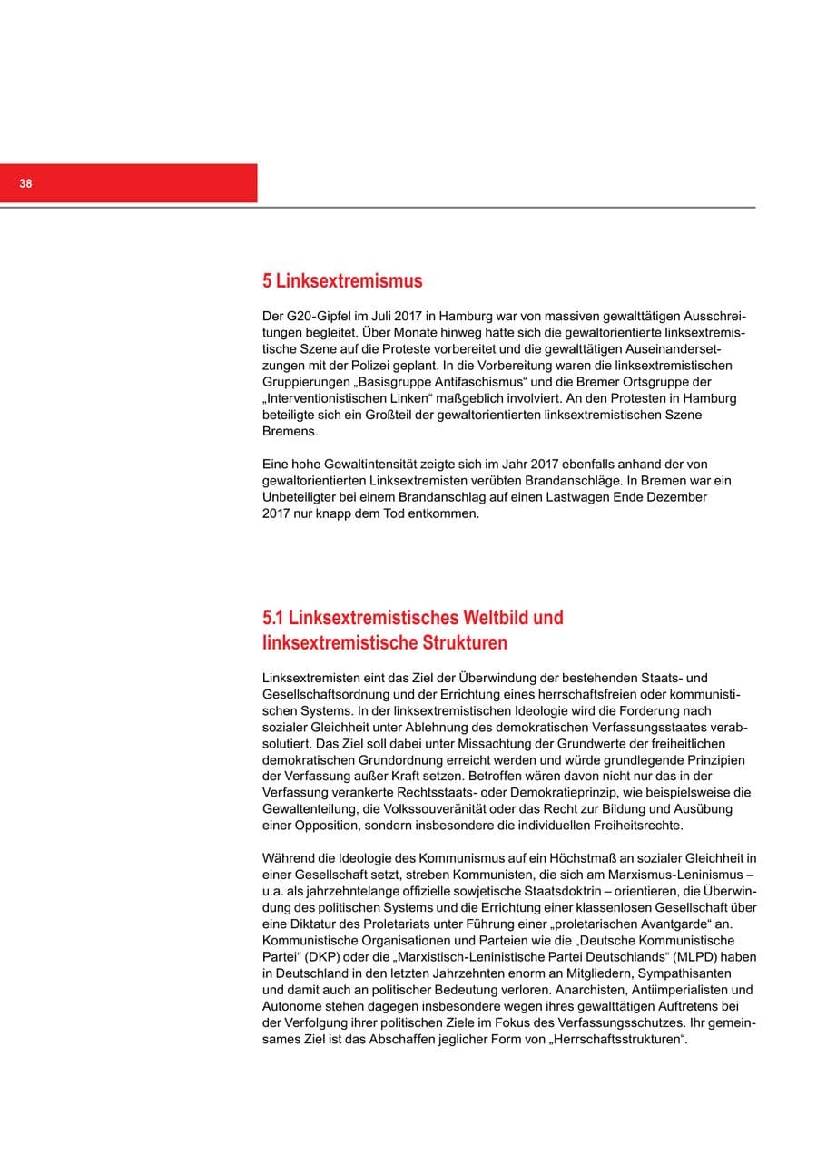 Seite 38 des Verfassungsschutzbericht 2017 Bremen