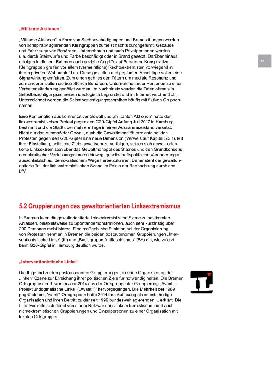 Seite 41 des Verfassungsschutzbericht 2017 Bremen