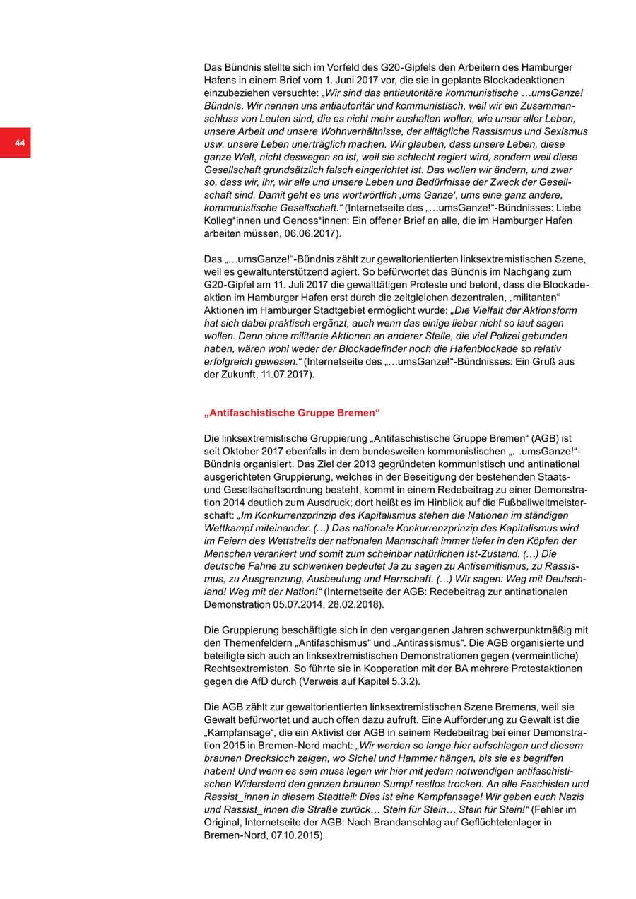 Seite 44 des Verfassungsschutzbericht 2017 Bremen