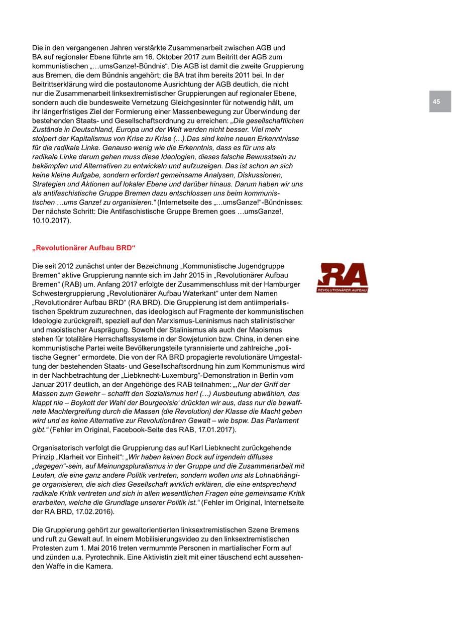 Seite 45 des Verfassungsschutzbericht 2017 Bremen