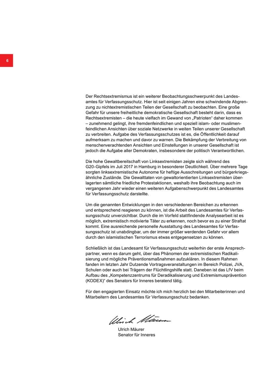 Seite 6 des Verfassungsschutzbericht 2017 Bremen