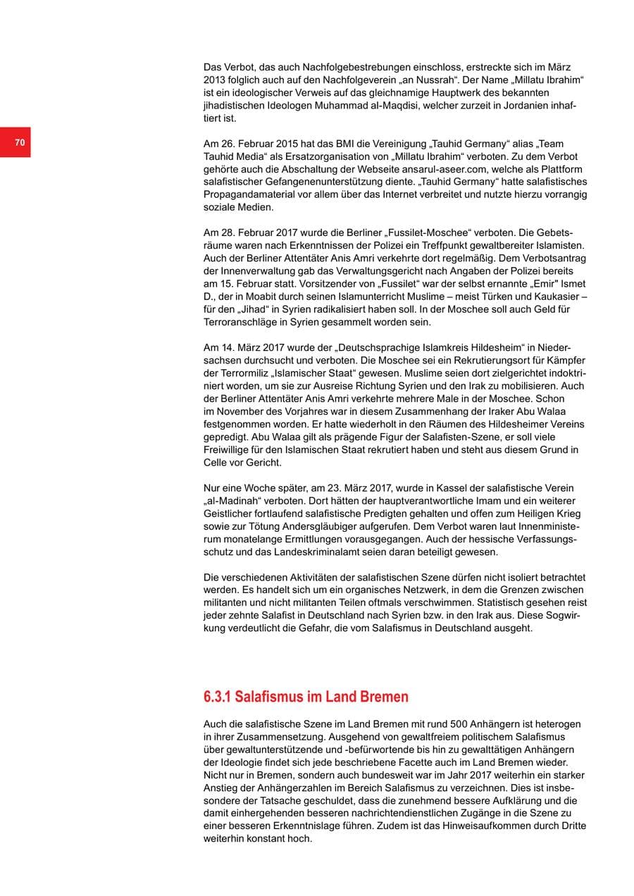Seite 70 des Verfassungsschutzbericht 2017 Bremen