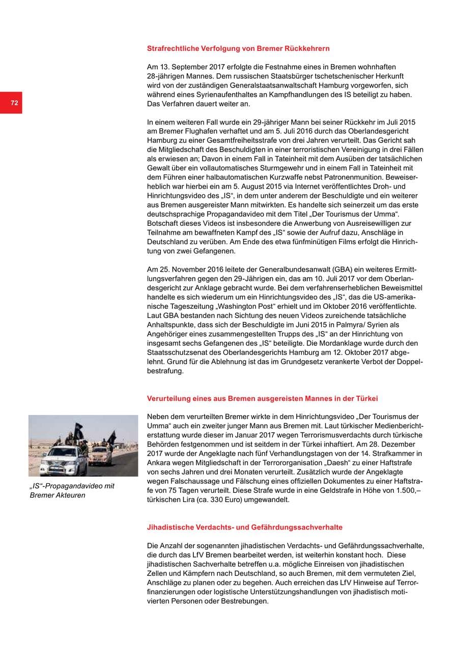Seite 72 des Verfassungsschutzbericht 2017 Bremen