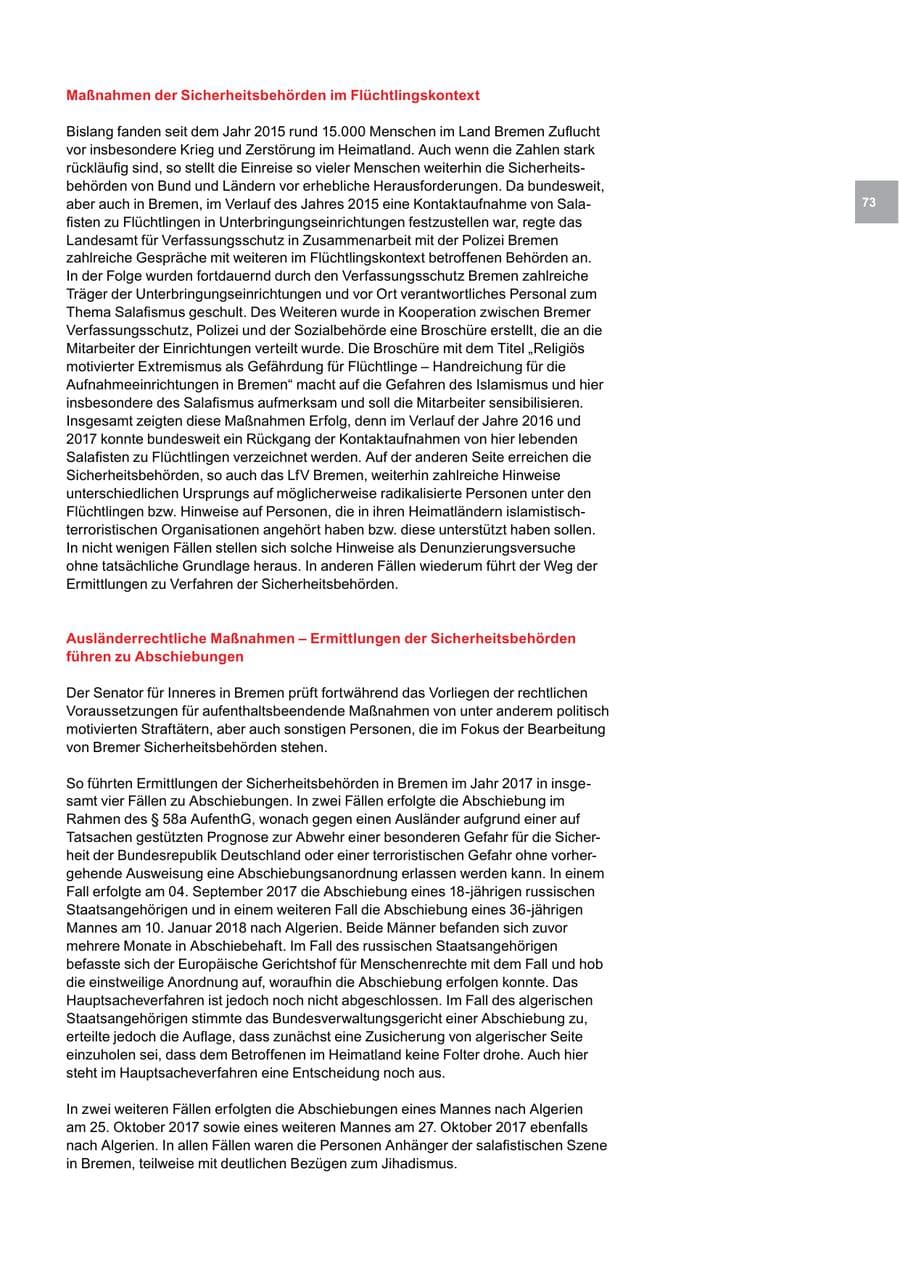 Seite 73 des Verfassungsschutzbericht 2017 Bremen