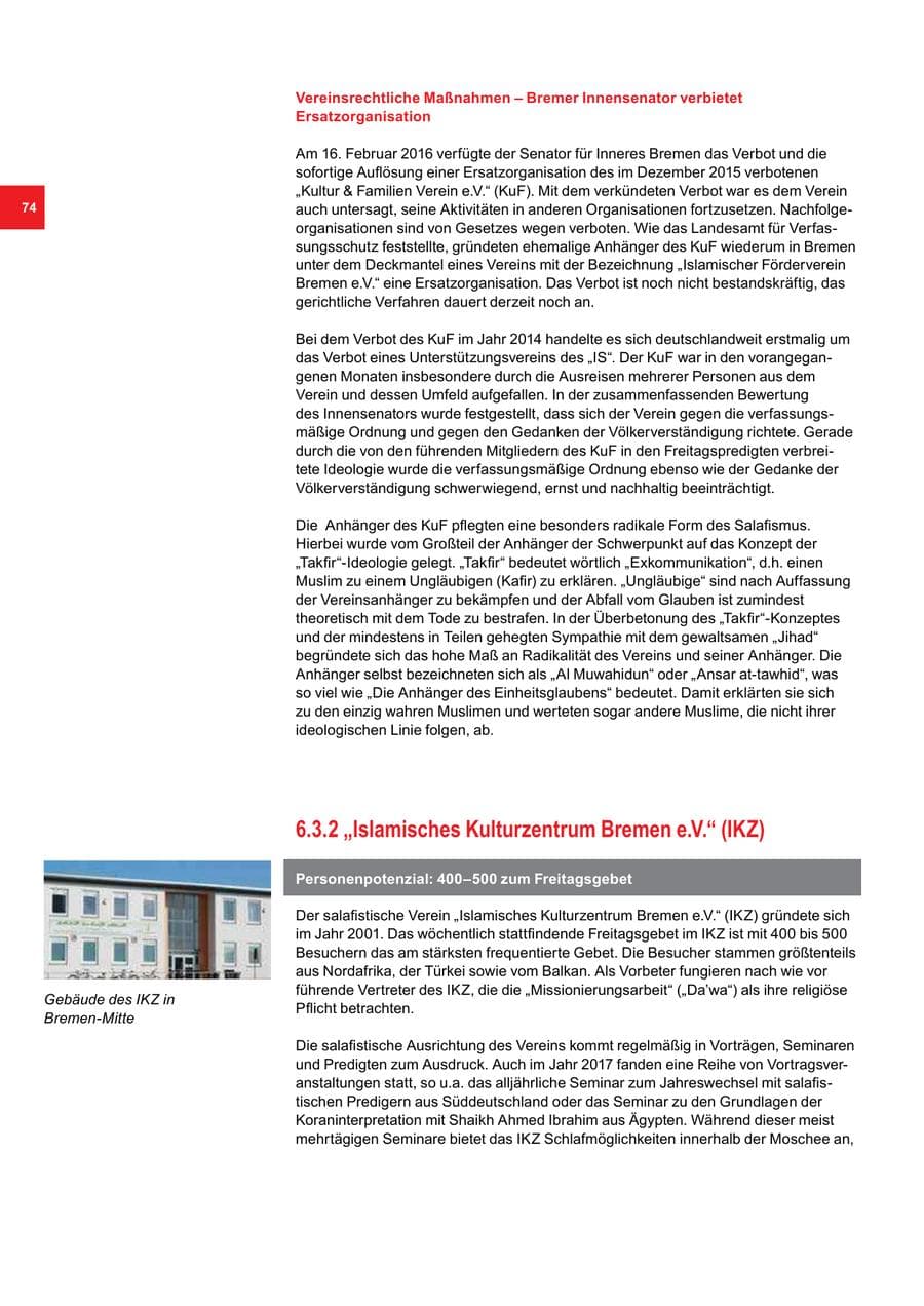 Seite 74 des Verfassungsschutzbericht 2017 Bremen