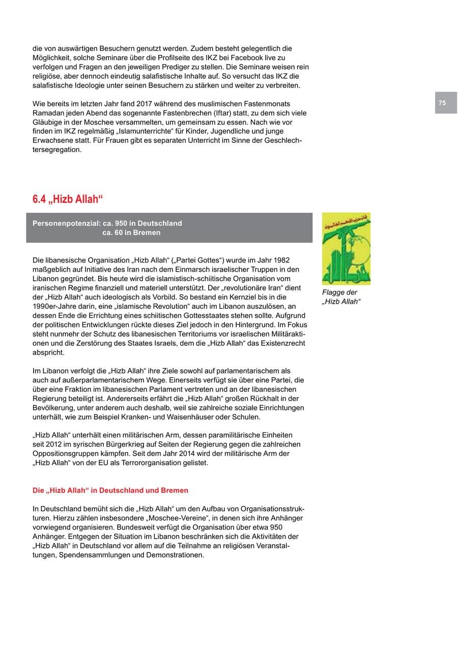 Seite 75 des Verfassungsschutzbericht 2017 Bremen