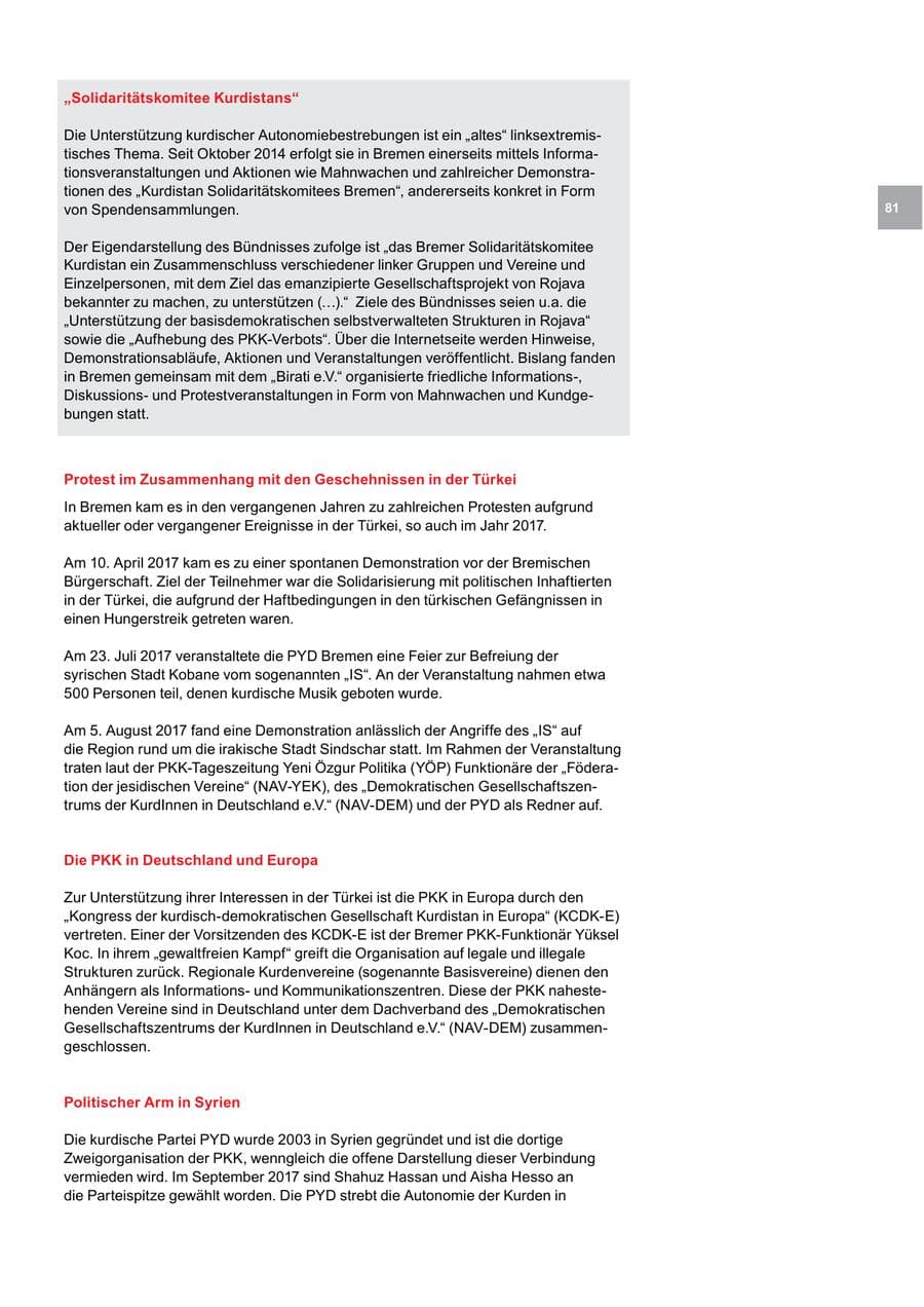Seite 81 des Verfassungsschutzbericht 2017 Bremen