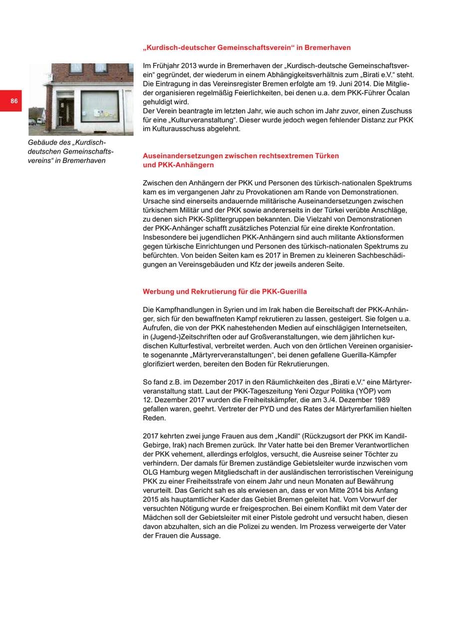 Seite 86 des Verfassungsschutzbericht 2017 Bremen