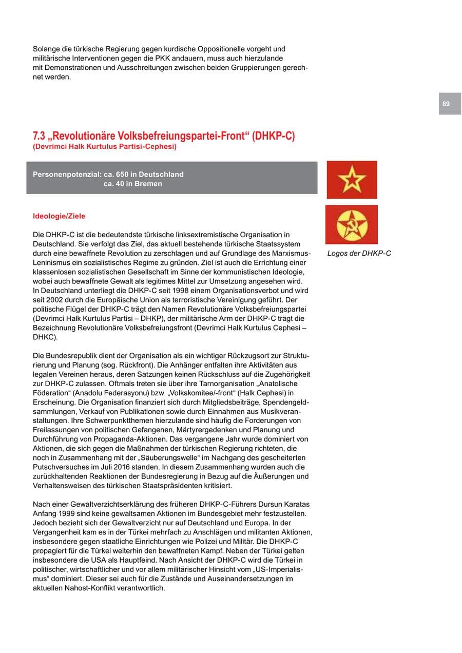 Seite 89 des Verfassungsschutzbericht 2017 Bremen