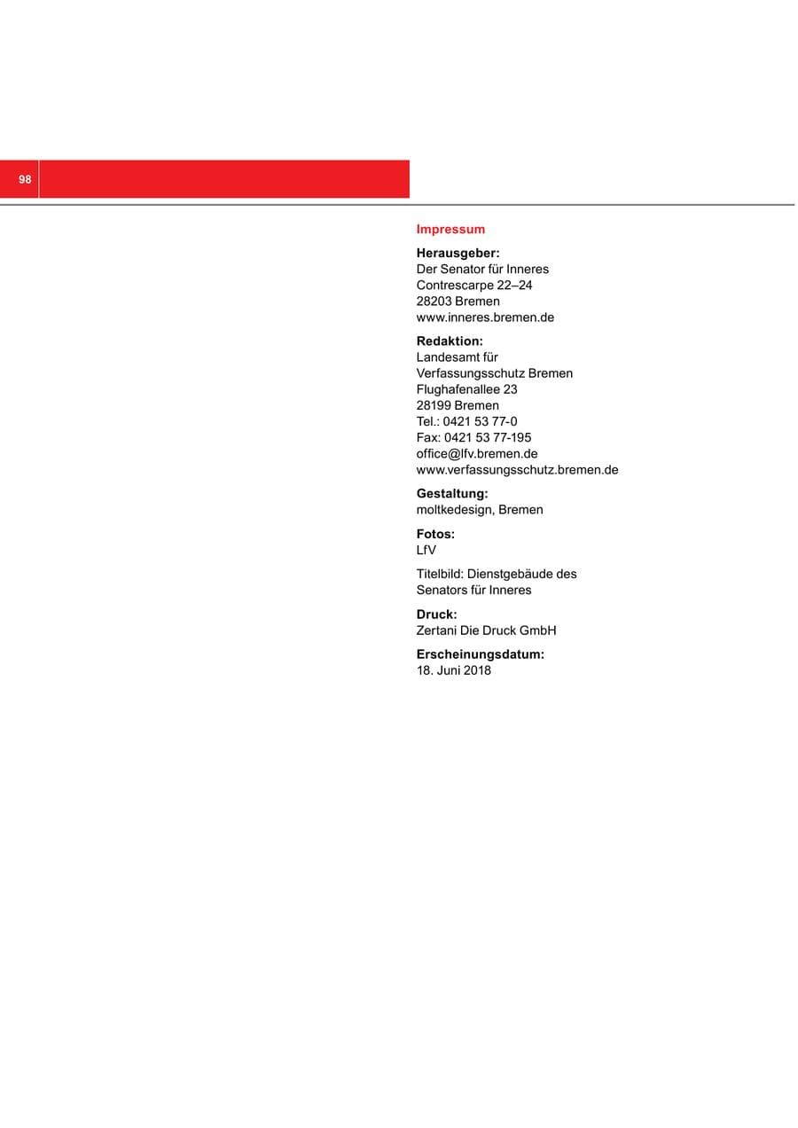 Seite 98 des Verfassungsschutzbericht 2017 Bremen