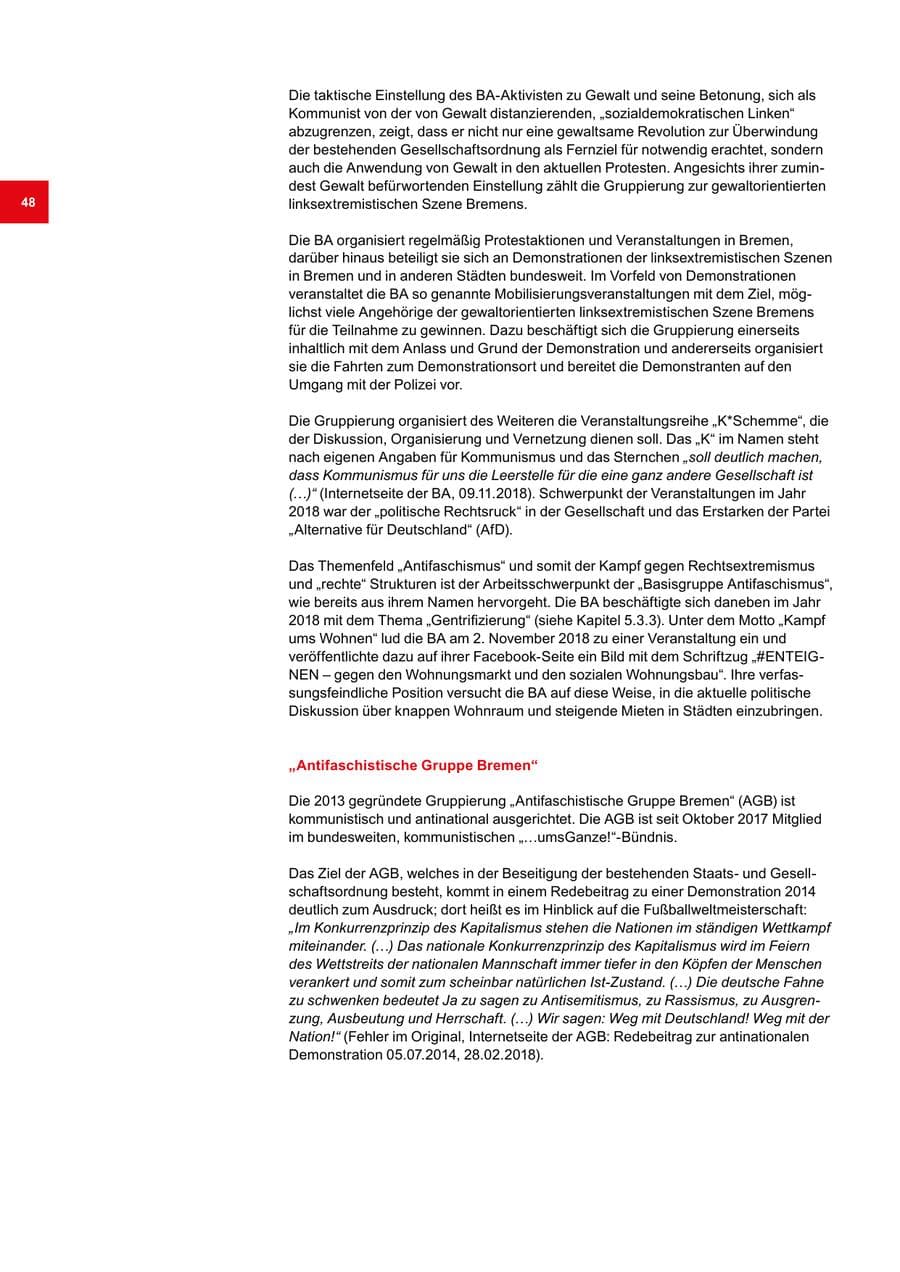 Seite 48 des Verfassungsschutzbericht 2018 Bremen