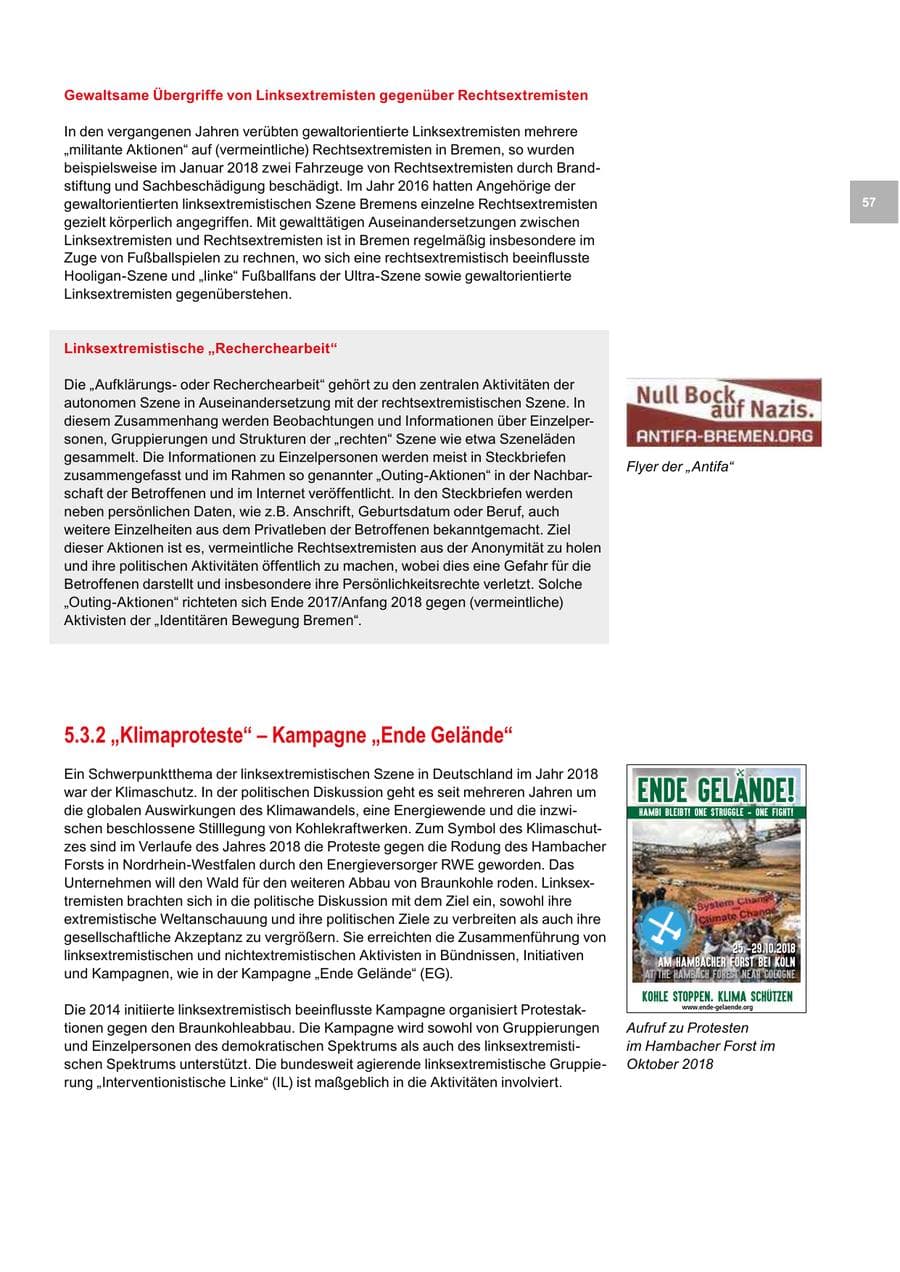 Seite 57 des Verfassungsschutzbericht 2018 Bremen