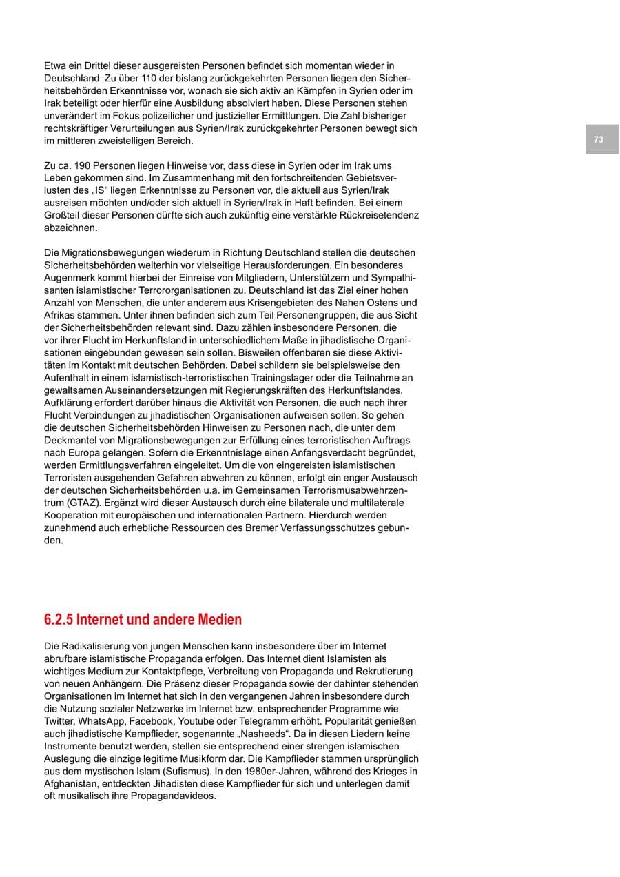Seite 73 des Verfassungsschutzbericht 2018 Bremen