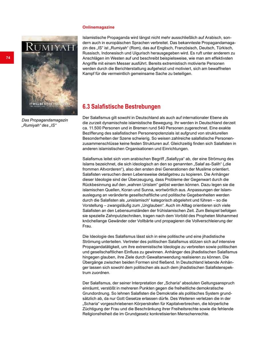 Seite 74 des Verfassungsschutzbericht 2018 Bremen
