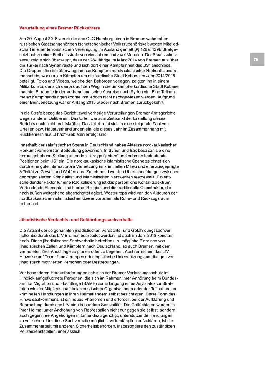 Seite 79 des Verfassungsschutzbericht 2018 Bremen