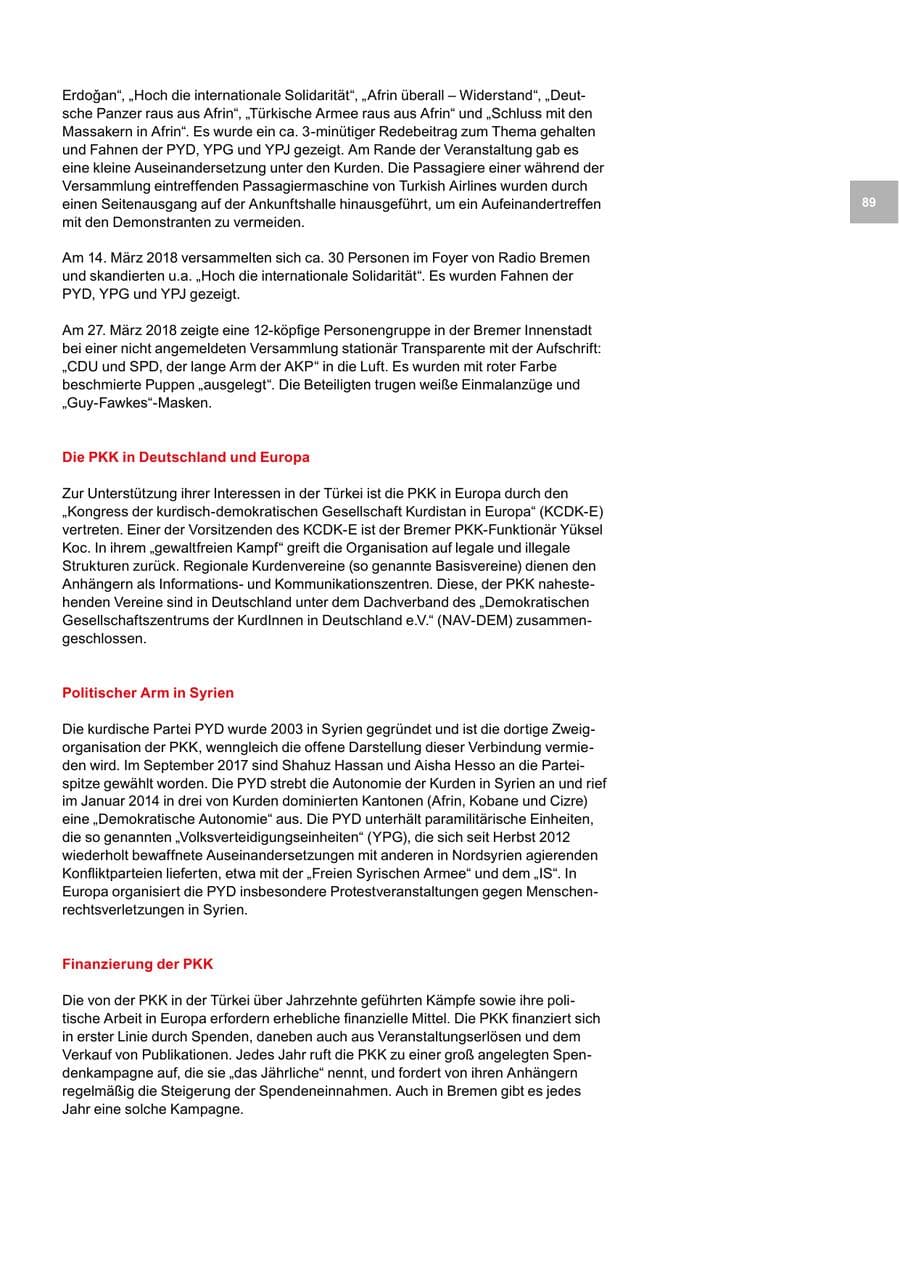 Seite 89 des Verfassungsschutzbericht 2018 Bremen