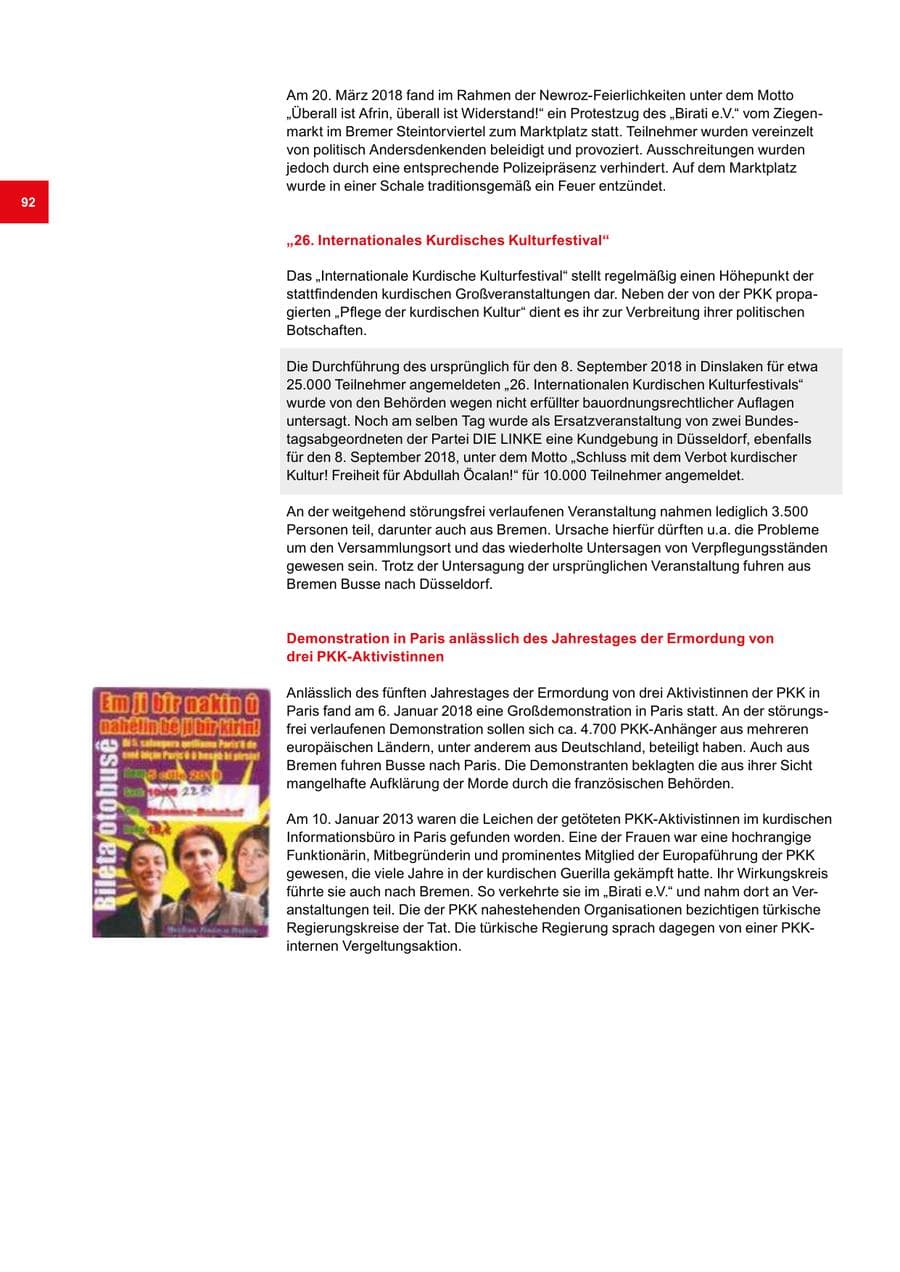 Seite 92 des Verfassungsschutzbericht 2018 Bremen