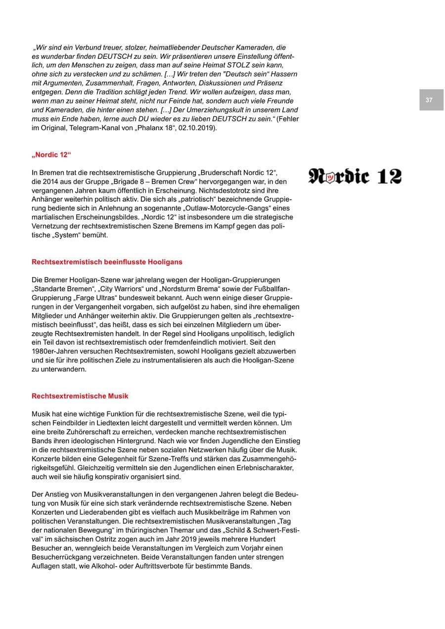 Seite 37 des Verfassungsschutzbericht 2019 Bremen