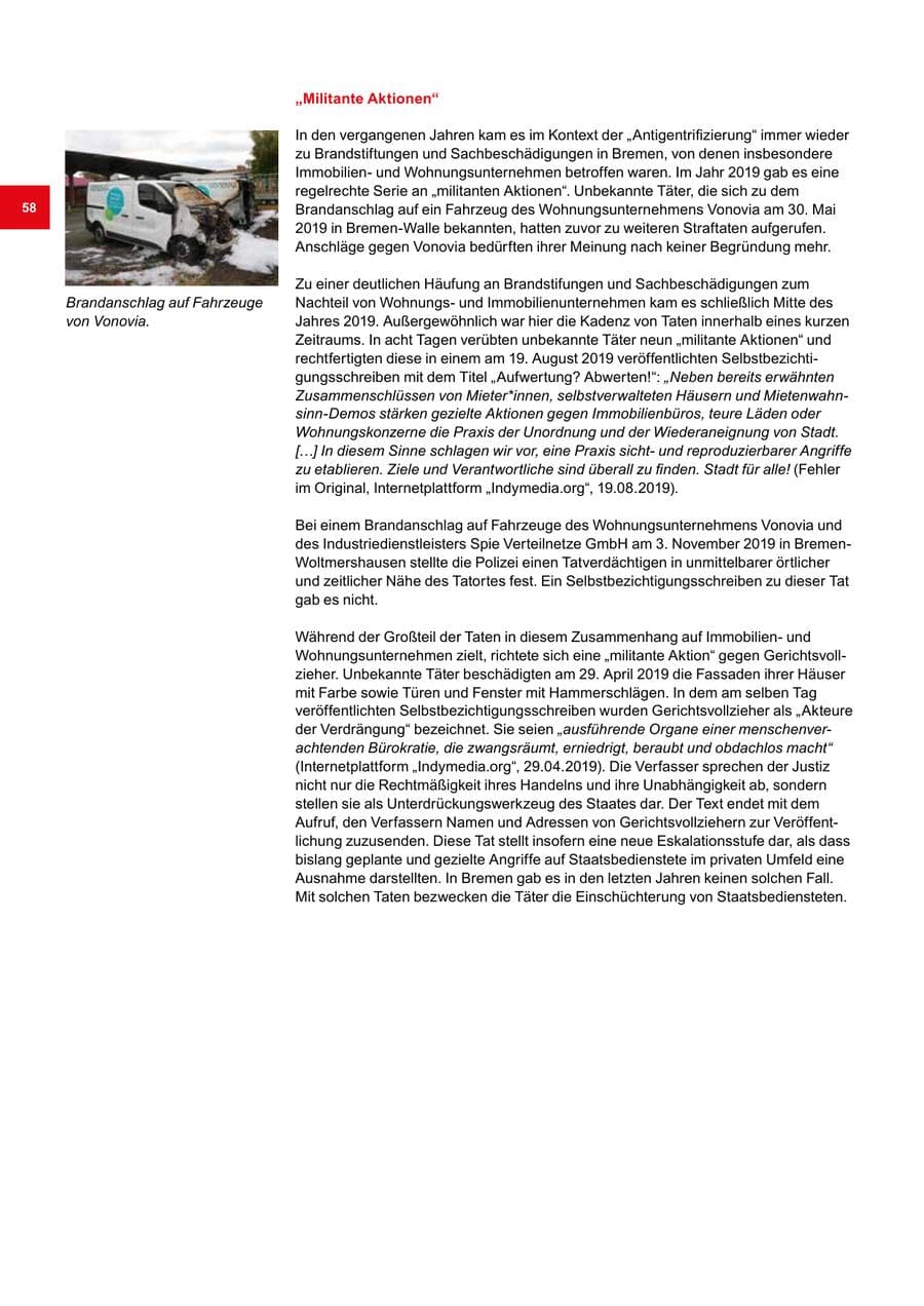Seite 58 des Verfassungsschutzbericht 2019 Bremen