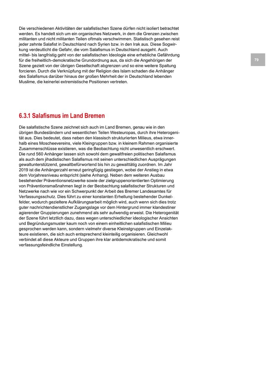 Seite 79 des Verfassungsschutzbericht 2019 Bremen