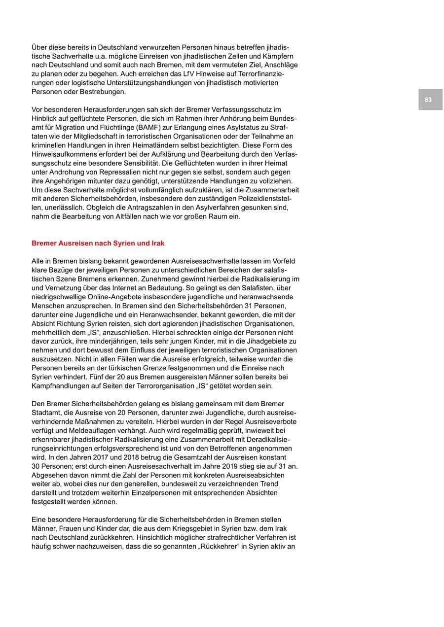 Seite 83 des Verfassungsschutzbericht 2019 Bremen