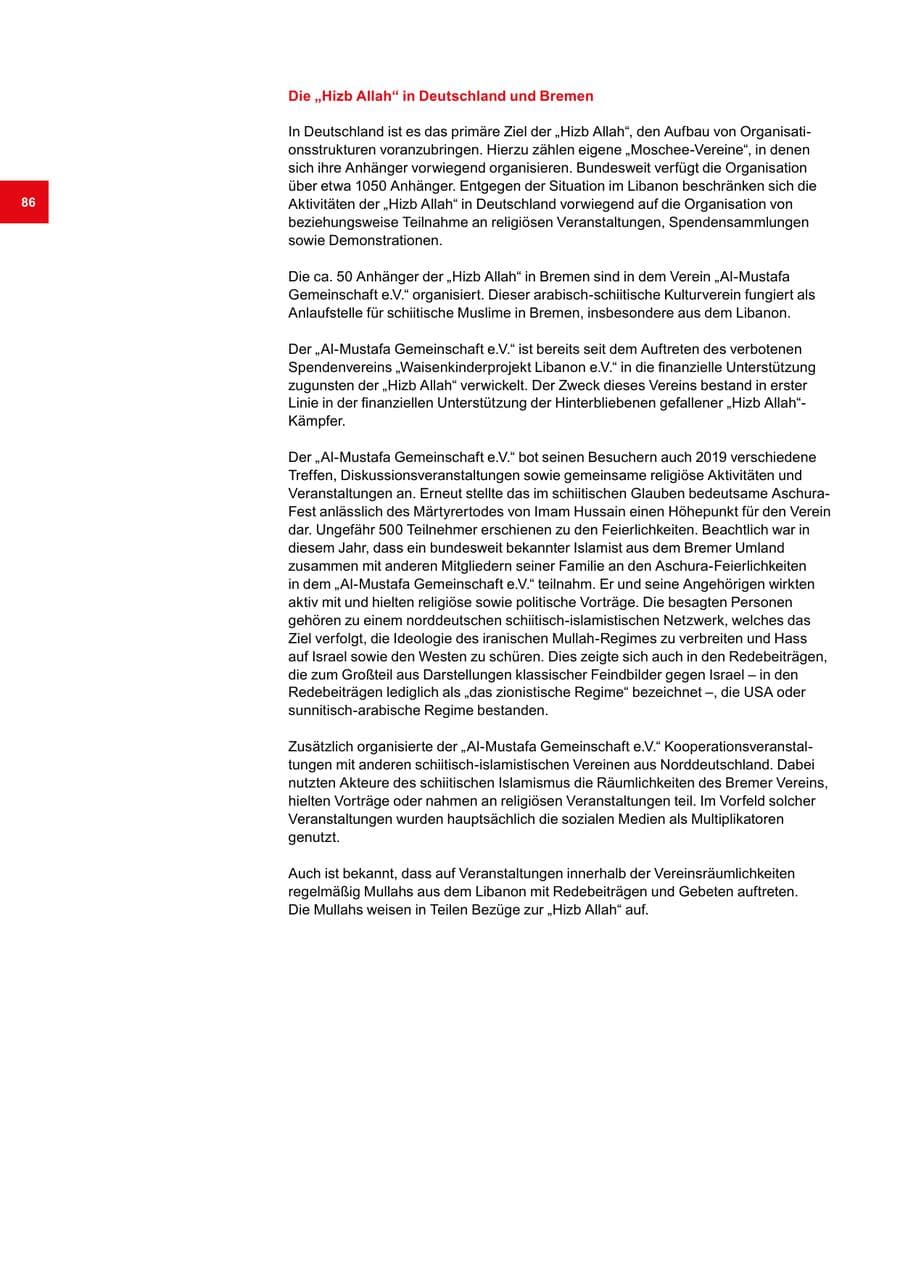 Seite 86 des Verfassungsschutzbericht 2019 Bremen