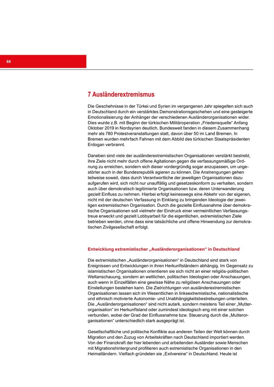 Seite 88 des Verfassungsschutzbericht 2019 Bremen