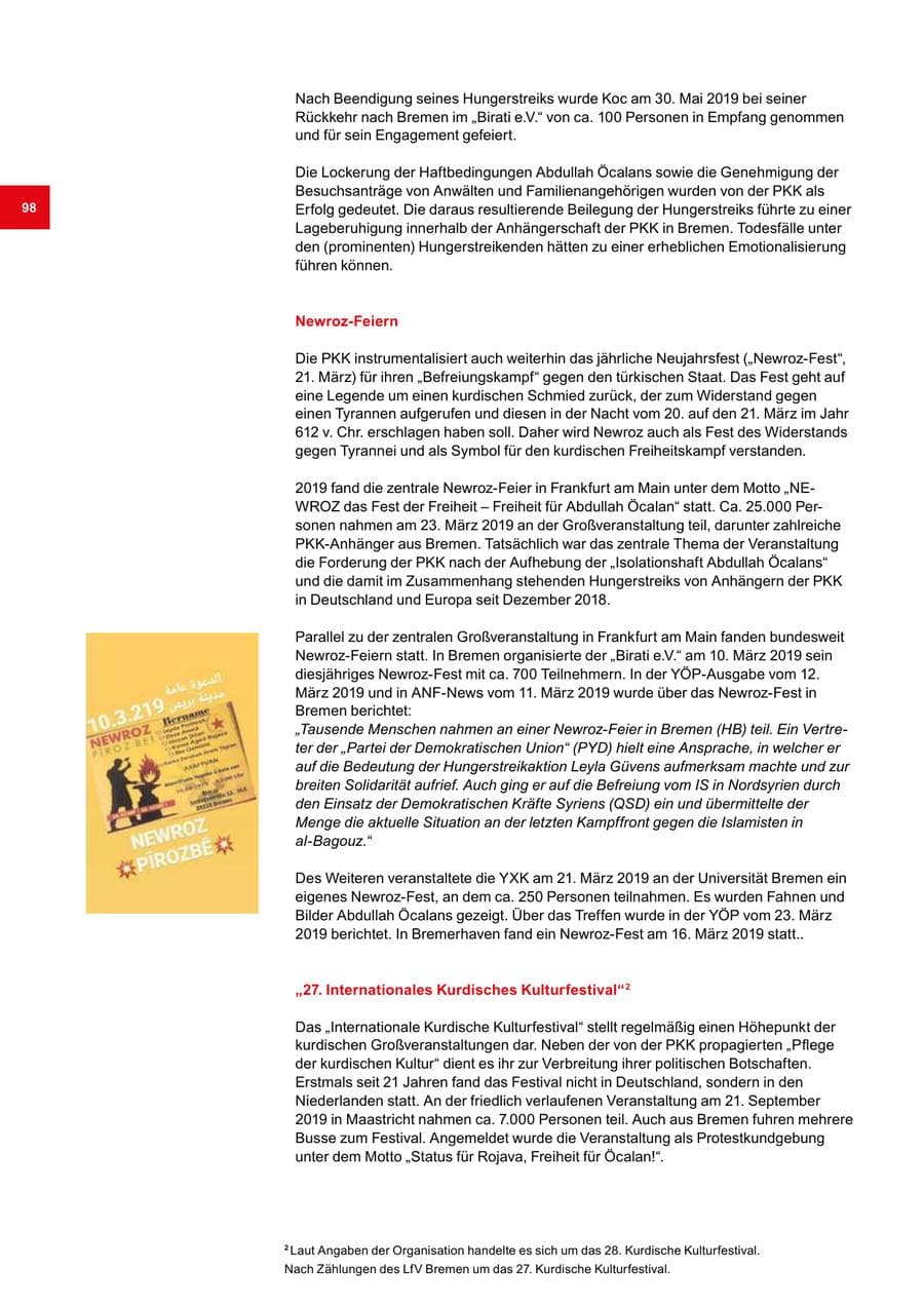 Seite 98 des Verfassungsschutzbericht 2019 Bremen