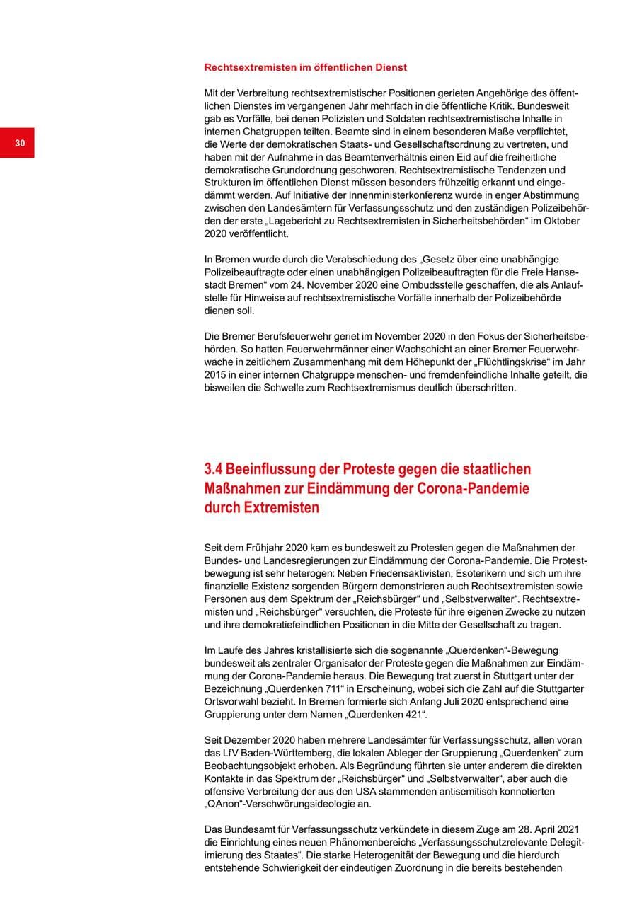 Seite 30 des Verfassungsschutzbericht 2020 Bremen
