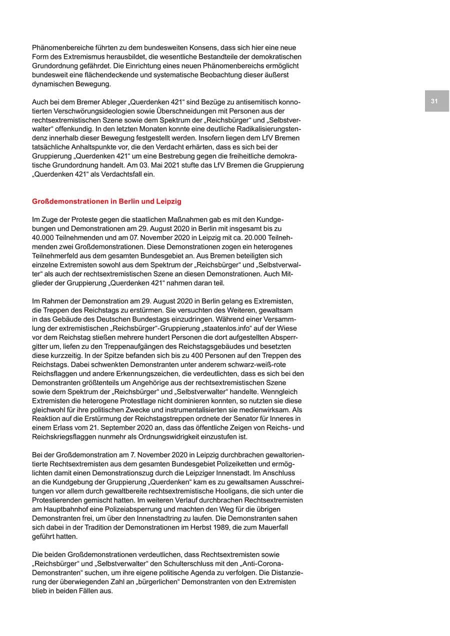 Seite 31 des Verfassungsschutzbericht 2020 Bremen