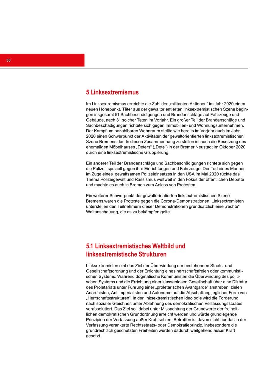 Seite 50 des Verfassungsschutzbericht 2020 Bremen