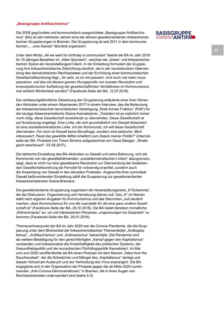 Seite 55 des Verfassungsschutzbericht 2020 Bremen