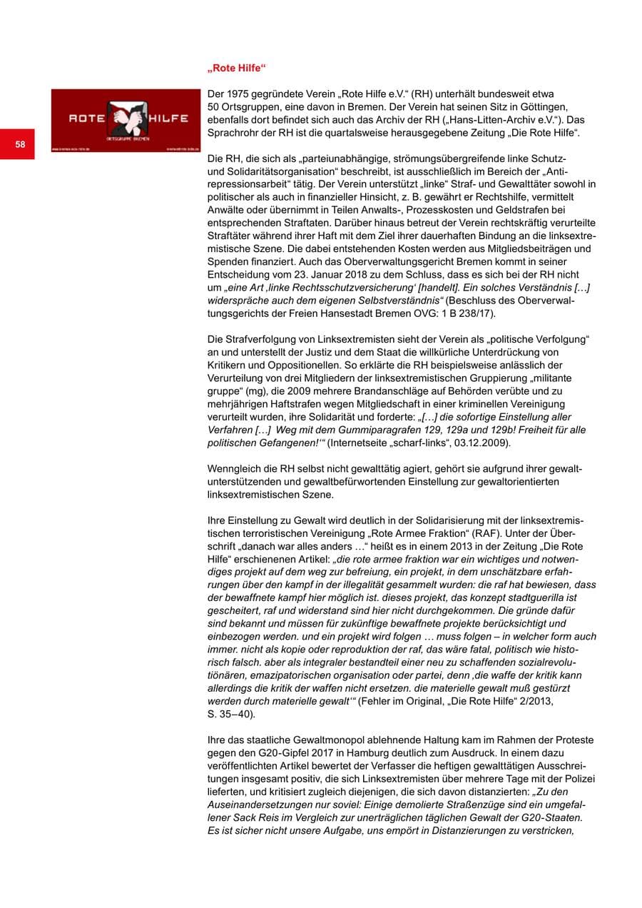 Seite 58 des Verfassungsschutzbericht 2020 Bremen