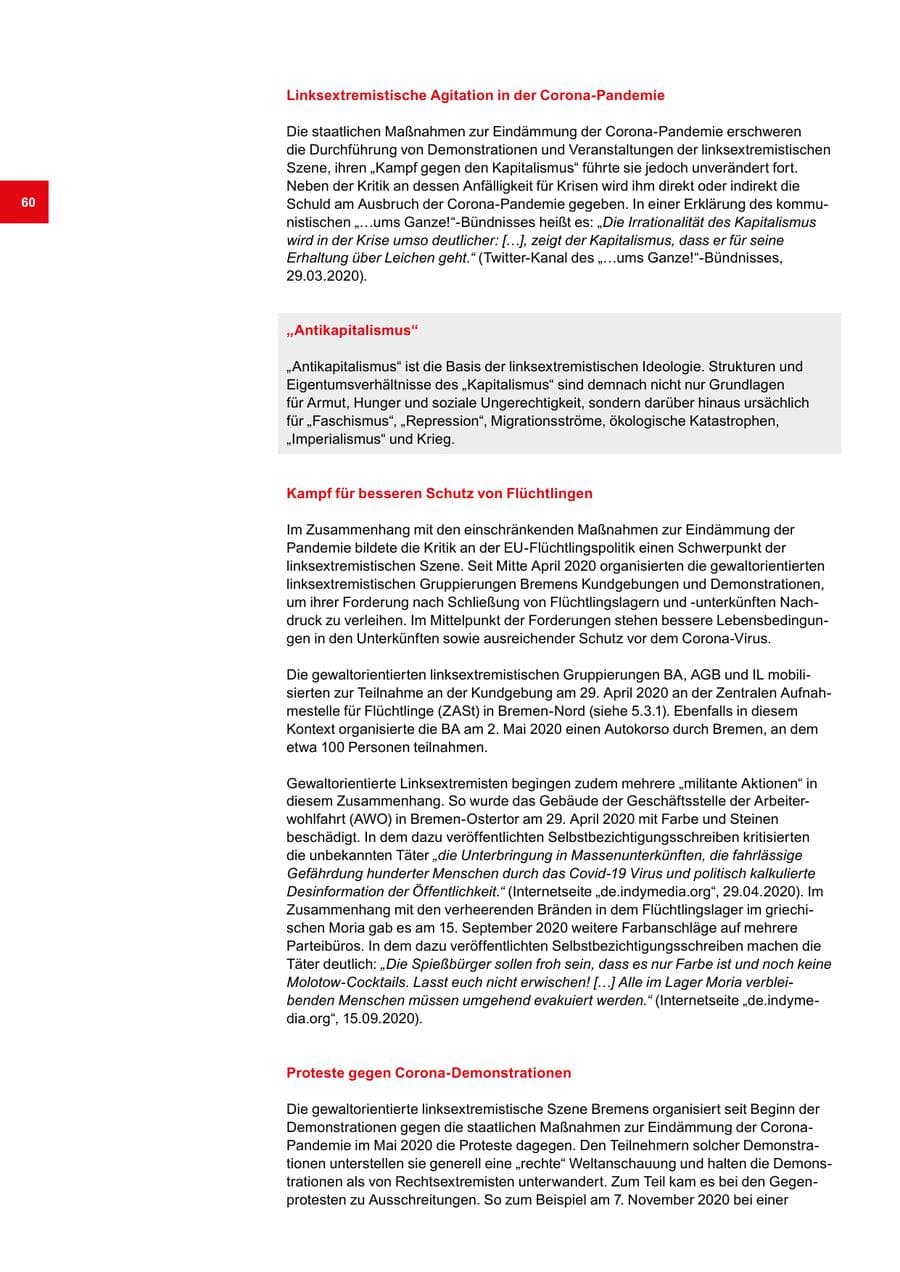 Seite 60 des Verfassungsschutzbericht 2020 Bremen