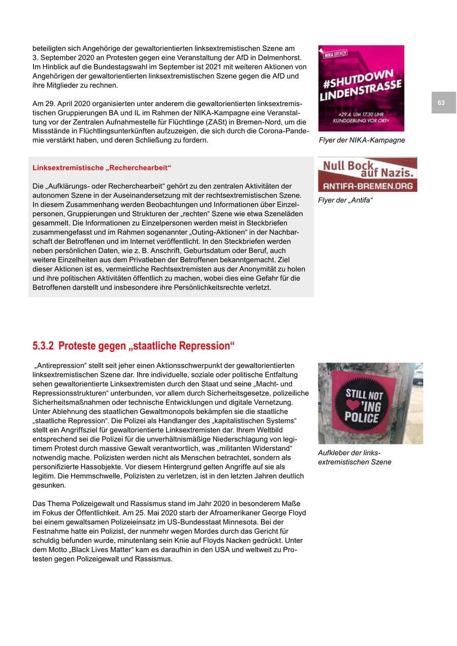 Seite 63 des Verfassungsschutzbericht 2020 Bremen
