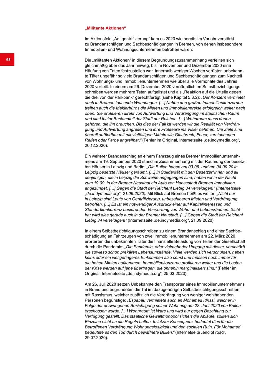 Seite 68 des Verfassungsschutzbericht 2020 Bremen
