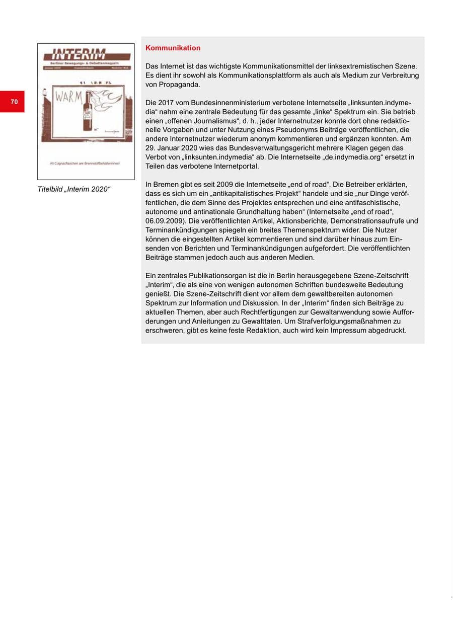 Seite 70 des Verfassungsschutzbericht 2020 Bremen
