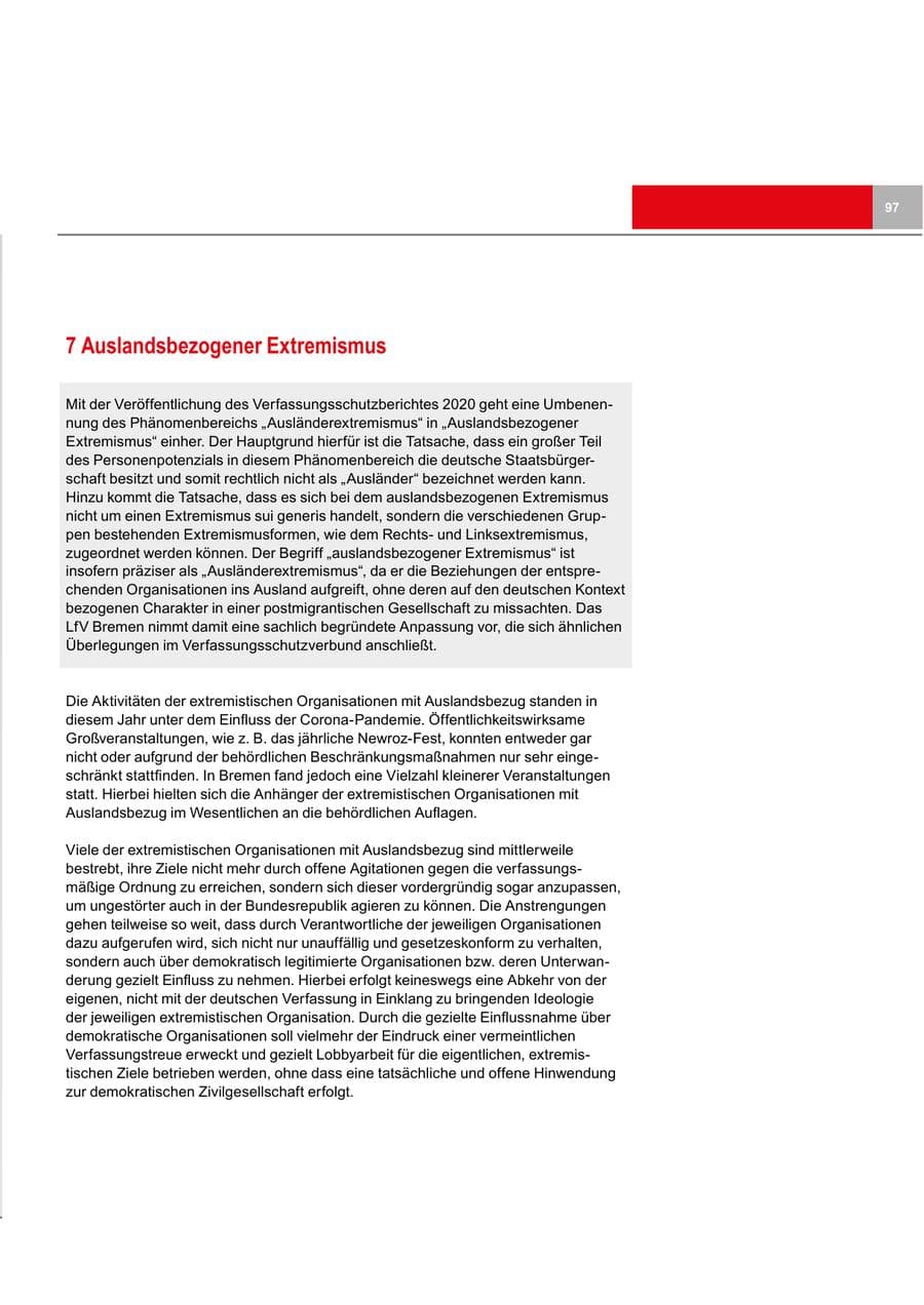 Seite 97 des Verfassungsschutzbericht 2020 Bremen